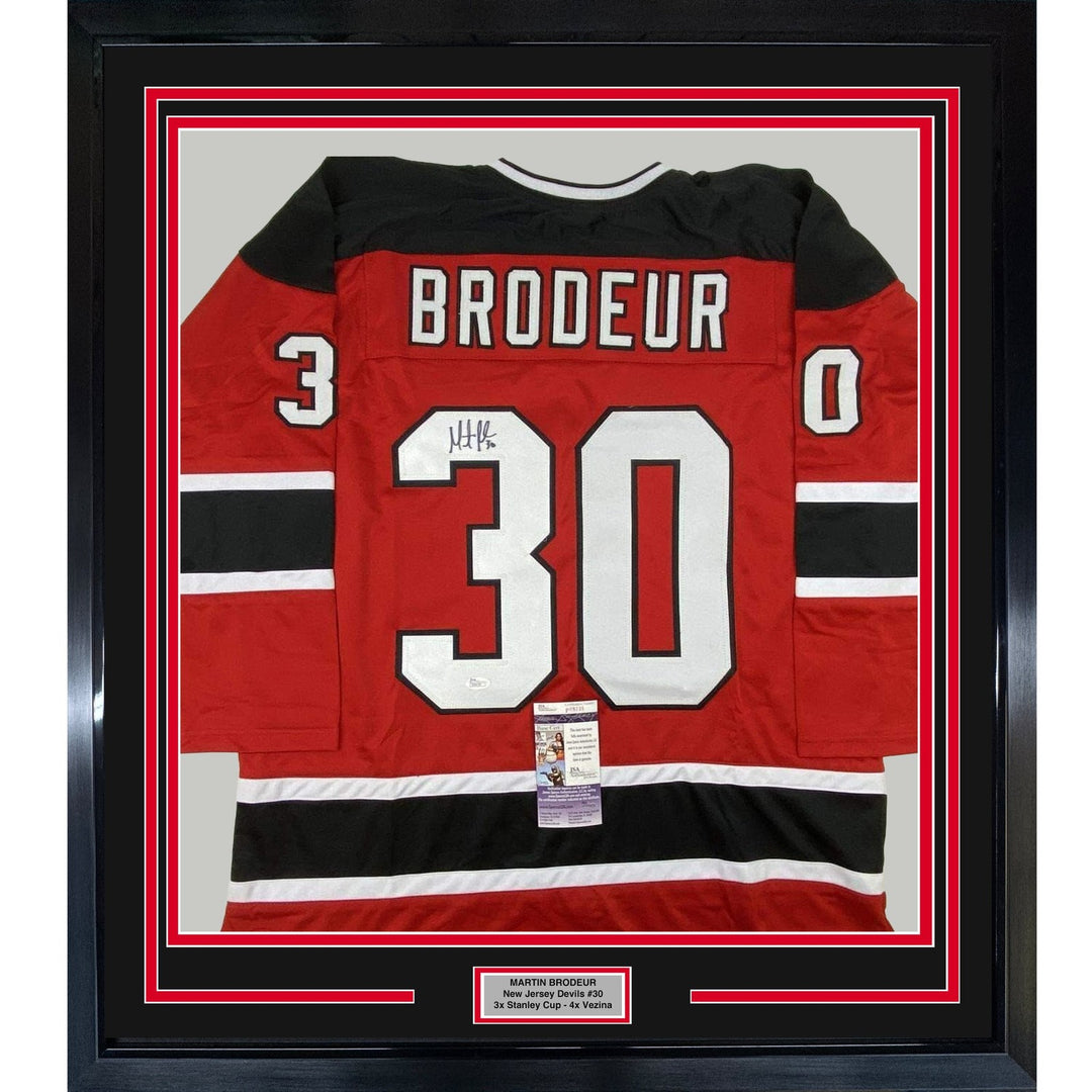 FRAMED Signed MARTIN BRODEUR 35x39 New Jersey Red Jersey JSA COA