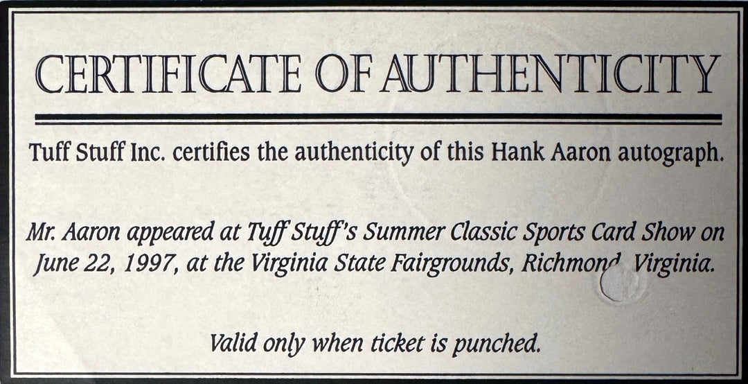 Hank Aaron signed Atlanta Braves MLB 8x10 Photo Minor Ding-Tuff Stuff COA/Ticket