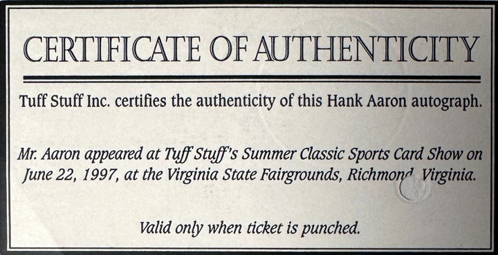 Hank Aaron signed Atlanta Braves MLB 8x10 Photo Minor Ding-Tuff Stuff COA/Ticket