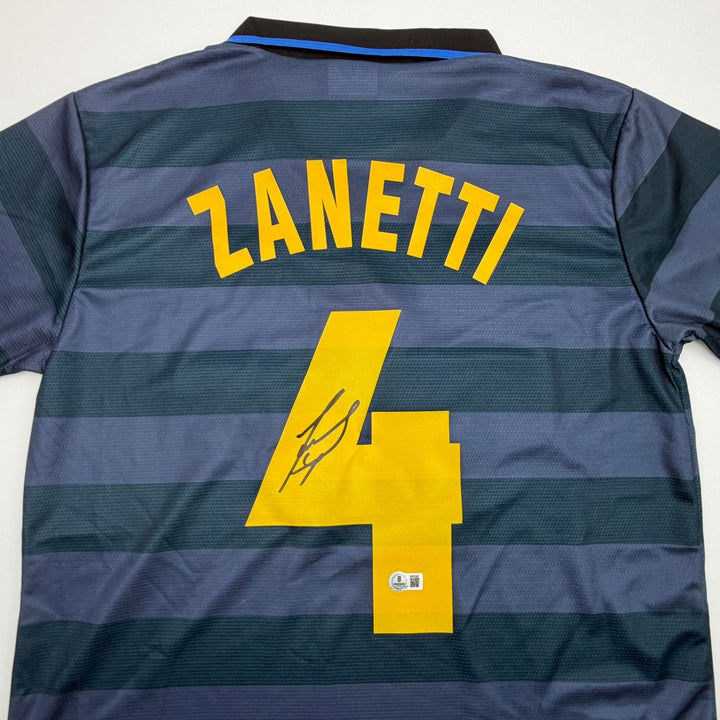 Autographed/Signed Javier Zanetti Inter Milan Navy Soccer Jersey Beckett BAS COA