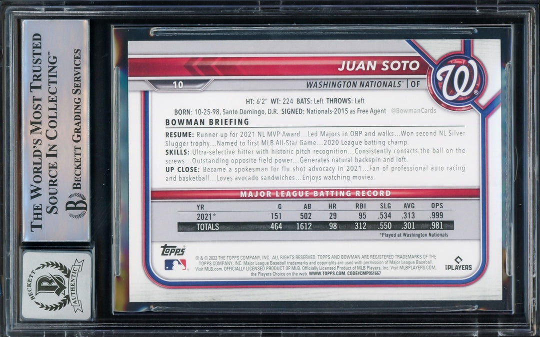 Juan Soto Signed 2022 Bowman Card 10 New York Mets Auto GM 10 Beckett #15774086