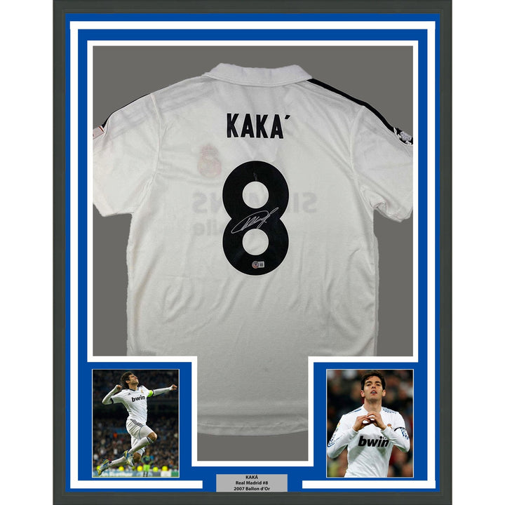 Framed Autoed/Signed Ricardo Kaka 35x39 Madrid White Futbol Jersey BAS COA