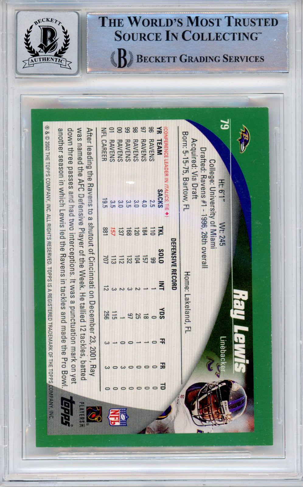 Ray Lewis Autographed/Signed 2002 Topps #79 Trading Card Beckett Slab 39224
