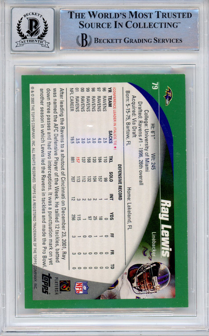 Ray Lewis Autographed/Signed 2002 Topps #79 Trading Card Beckett Slab 39224