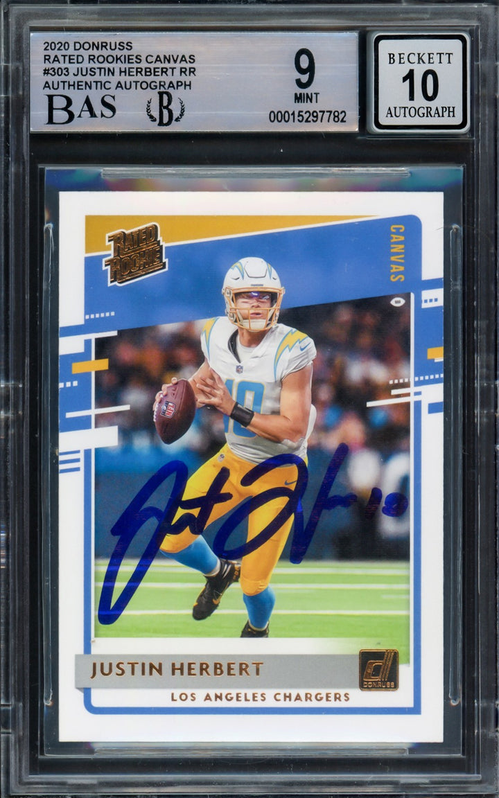 Justin Herbert Auto 2020 Donruss Rated Rookie Canvas RC 303 BGS 9 Sig 10 Beckett
