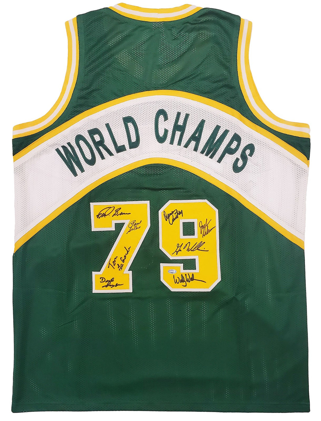 1978-79 NBA Champ Supersonics Auto Green Jersey 8 Sig Fred Brown Gus Williams