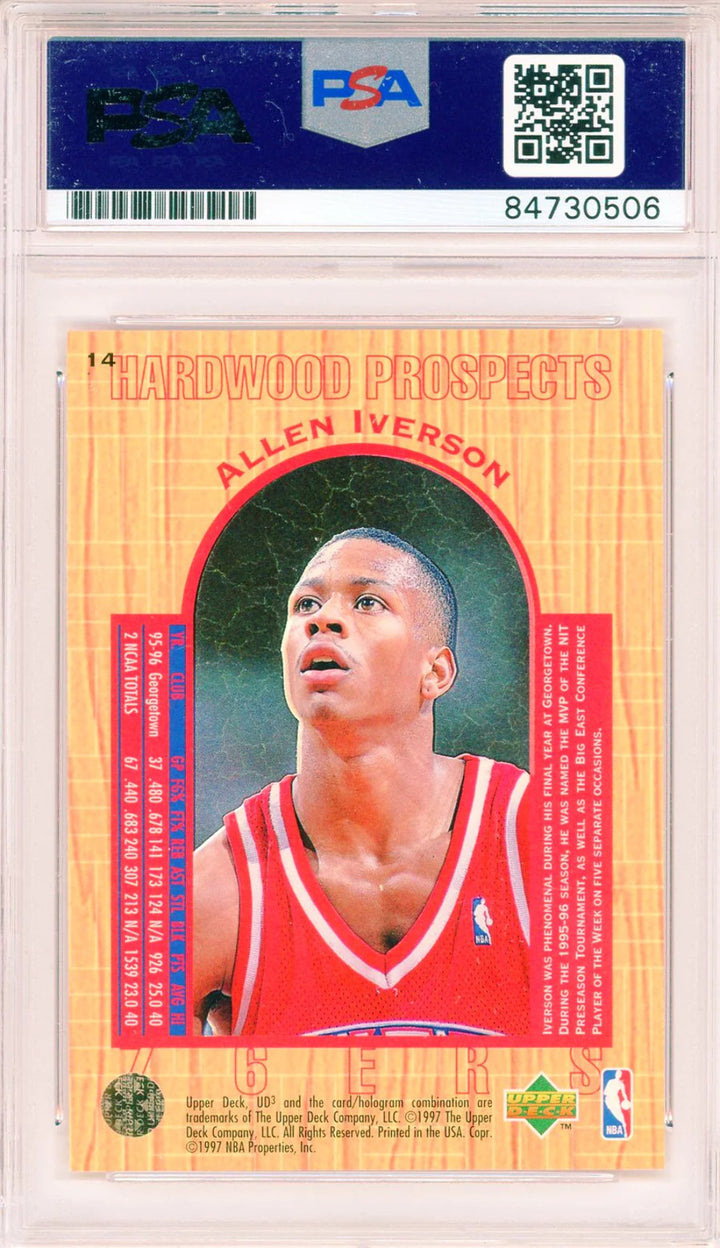 Allen Iverson Autographed 1997 UD3 Hardwood Prospects Card #14 (PSA Auto Gem Mt