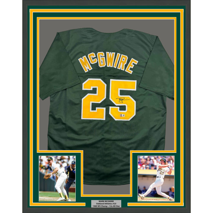 Framed Autographed/Signed Mark McGwire 35x39 Oakland Green Jersey Beckett COA