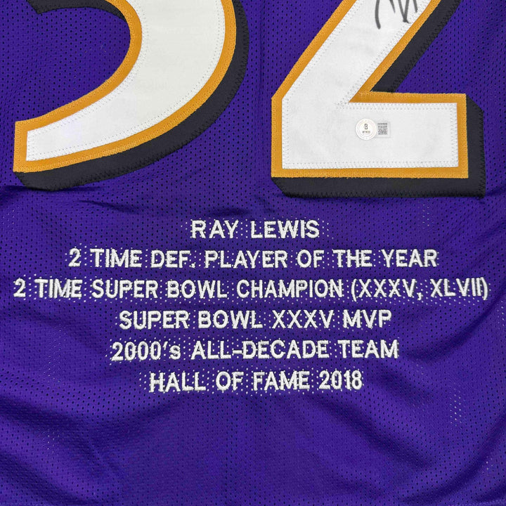 Autographed/Signed Ray Lewis Baltimore Purple Stat Football Jersey Beckett COA