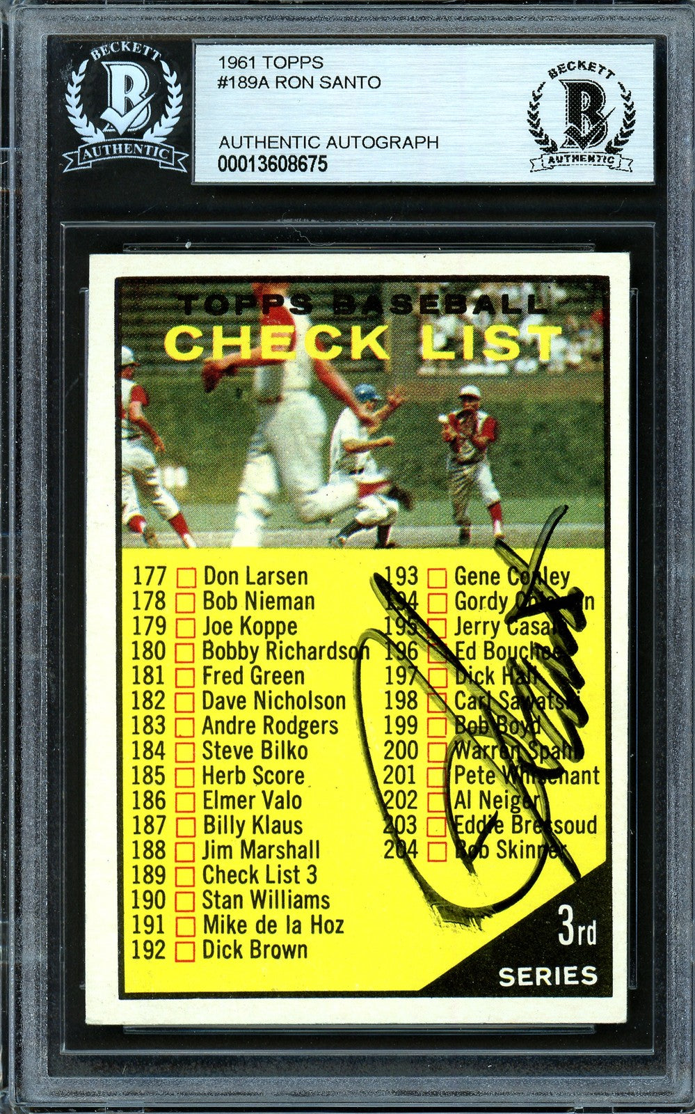 Ron Santo Signed 1961 Topps Checklist Card 189 Cubs (Smudged) Beckett #13608675