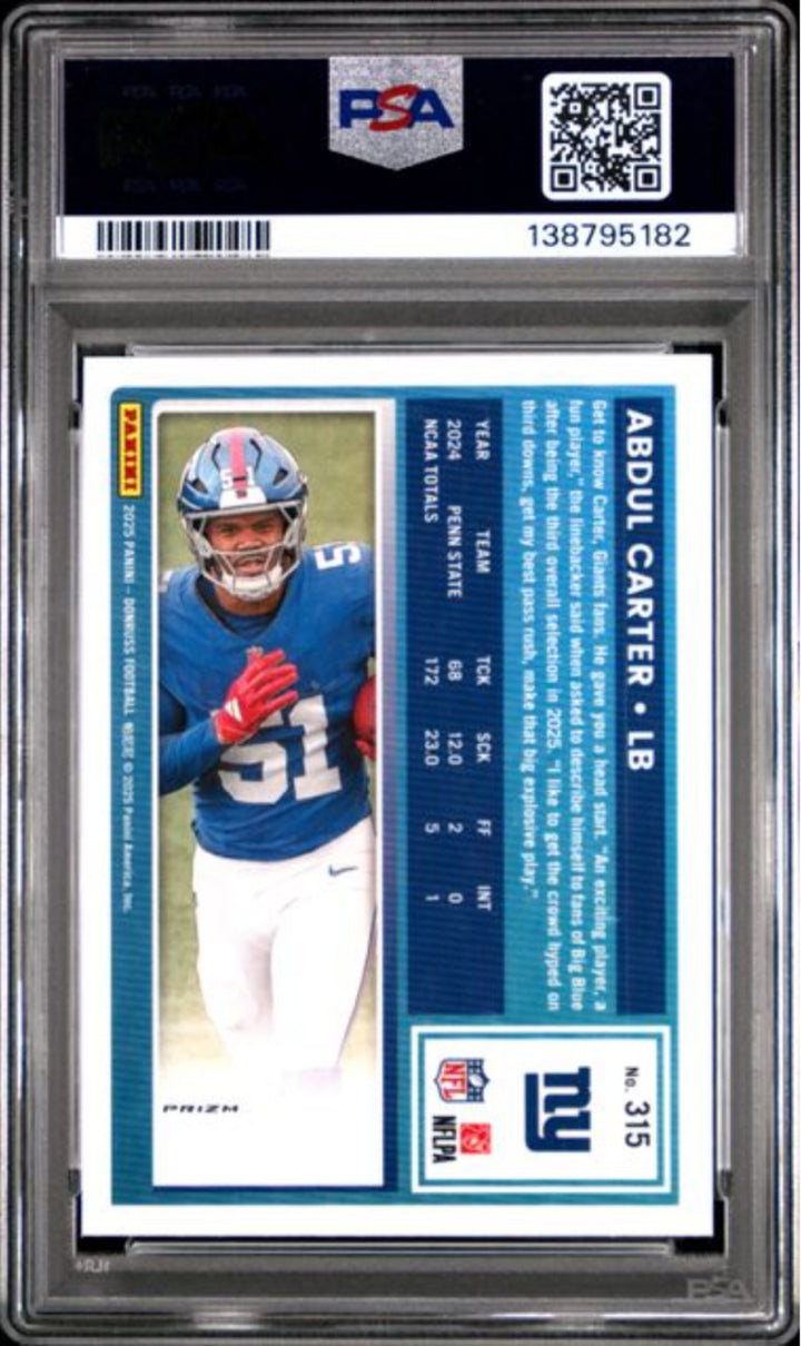 Graded 2025 Panini Donruss Abdul Carter 315 Optic Red Pandora Rookie Card PSA 10