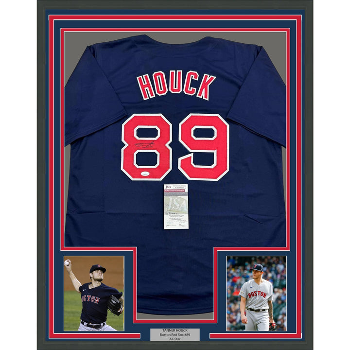 Framed Autographed/Signed Tanner Houck 35x39 Boston Blue Jersey JSA COA