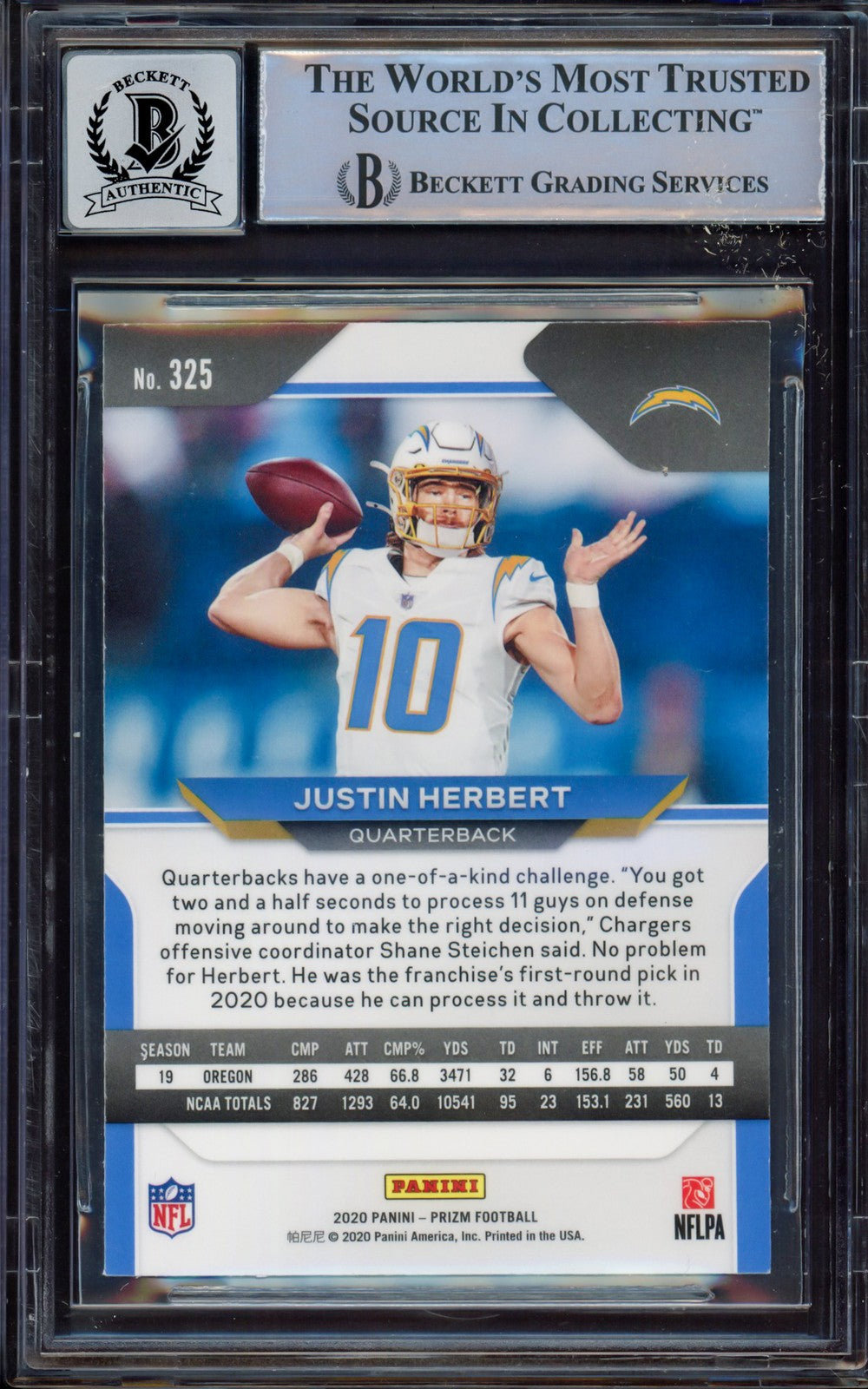 Justin Herbert Signed 2020 Panini Prizm RC 325A Chargers BGS 9 Sig 8 Beckett