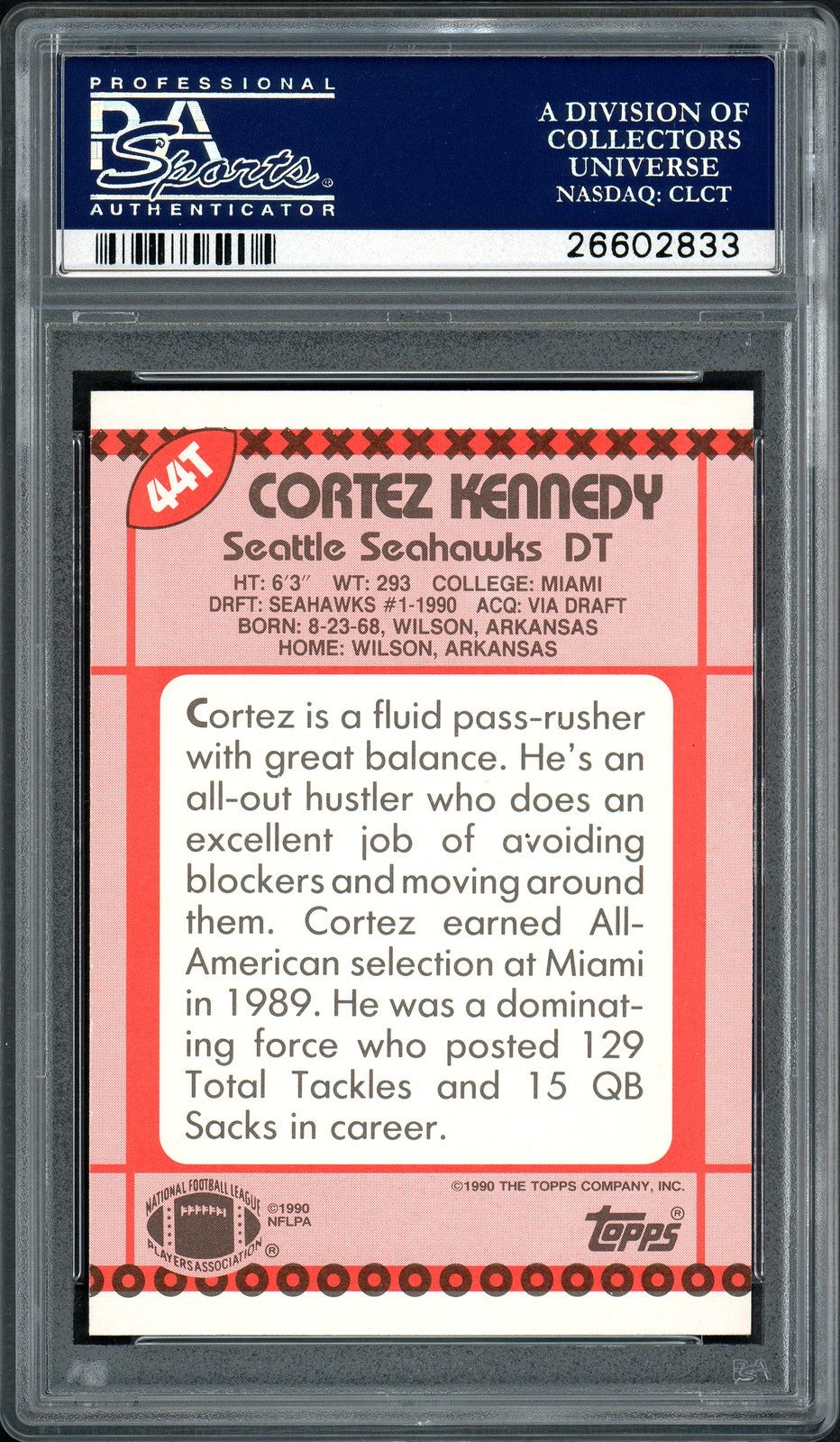 Cortez Kennedy Auto Signed 1990 Topps Traded RC 44T Seattle Seahawks PSA/DNA