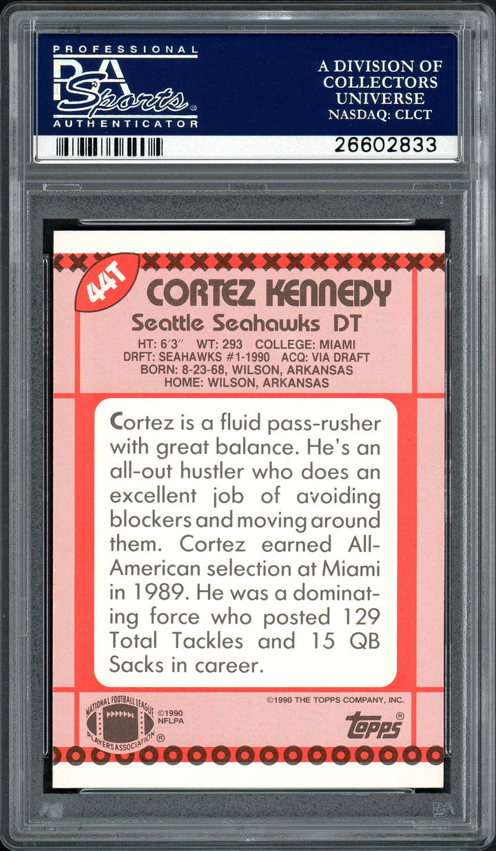 Cortez Kennedy Auto Signed 1990 Topps Traded RC 44T Seattle Seahawks PSA/DNA
