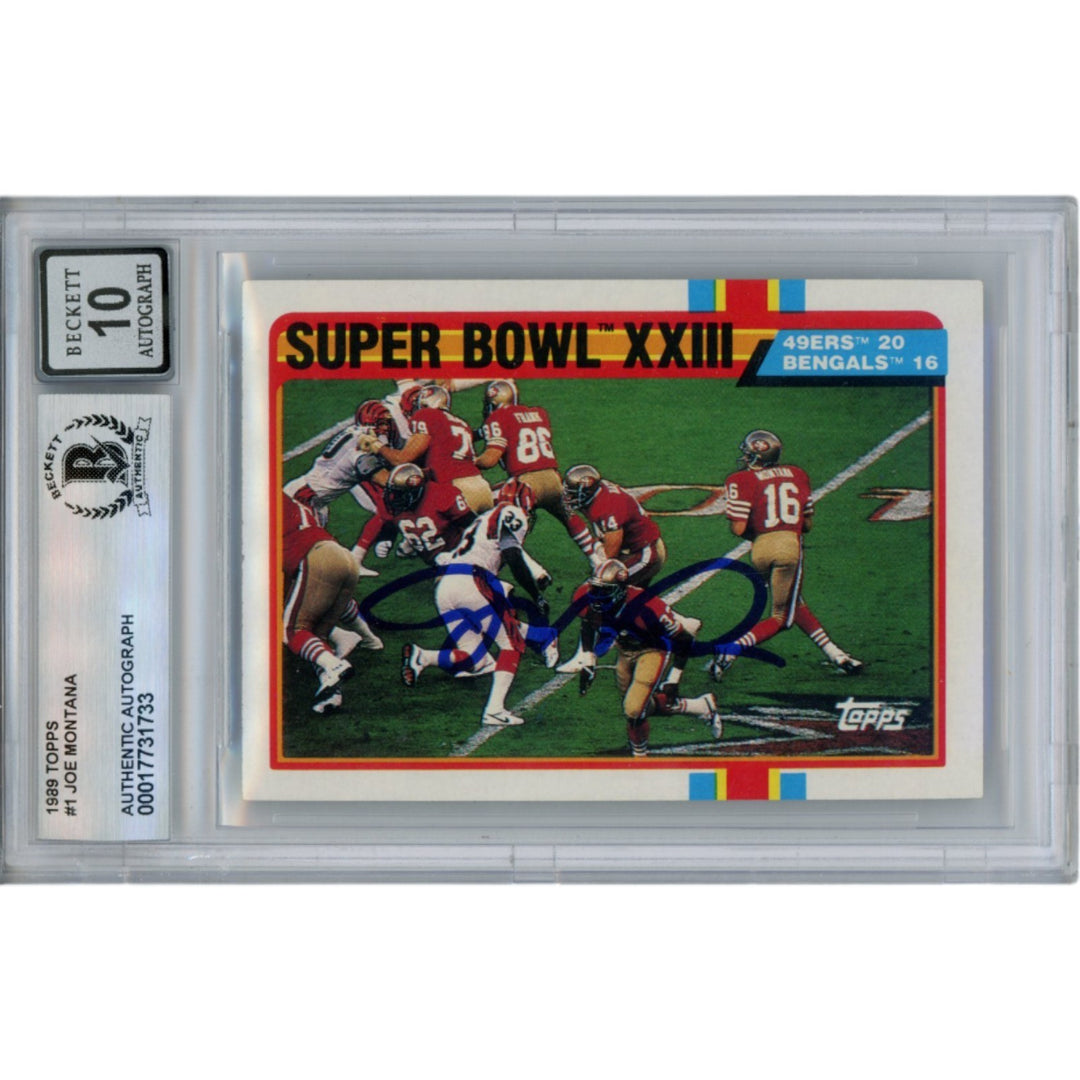 Joe Montana Autographed/Signed 1989 Topps #1 Slab Trading Card Beckett 49913