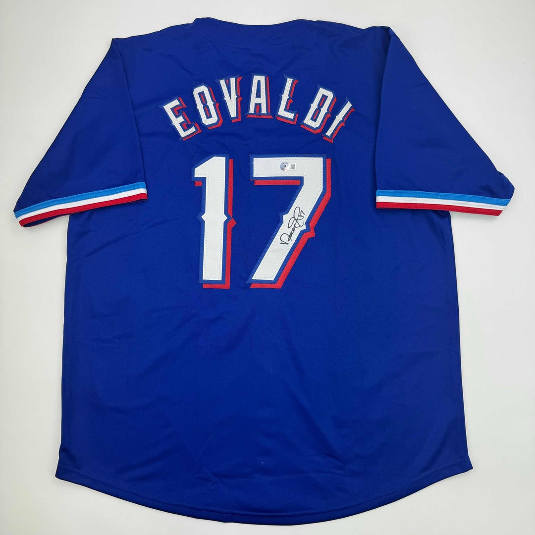 Autographed/Signed Nathan Eovaldi Texas Blue Jersey Beckett BAS COA