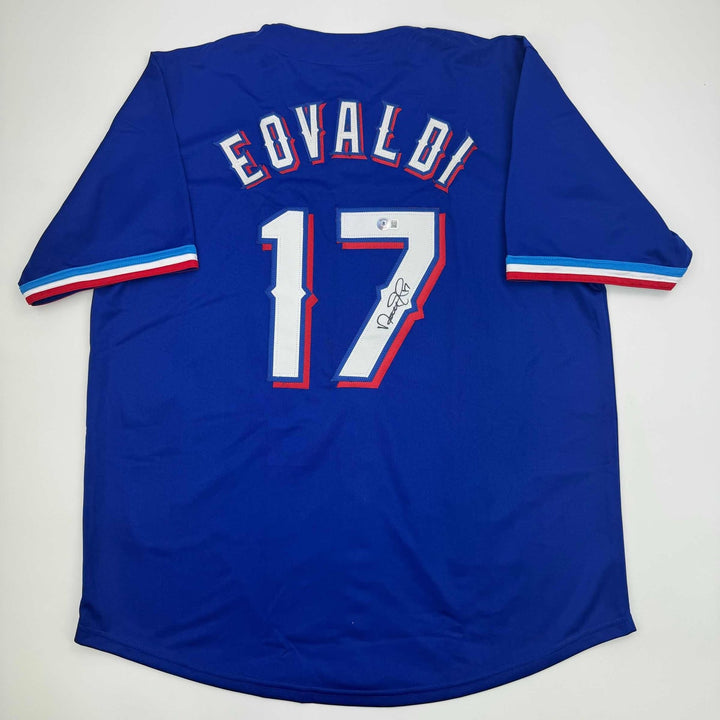 Autographed/Signed Nathan Eovaldi Texas Blue Jersey Beckett BAS COA