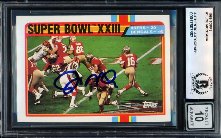 Joe Montana Signed 1989 Topps Card 1 San Francisco 49ers Auto GM 10 Beckett