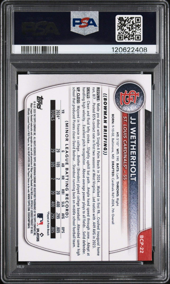 Graded 2025 Bowman JJ Wetherholt #BCP22 Chrome Prospects RC Baseball Card PSA 9