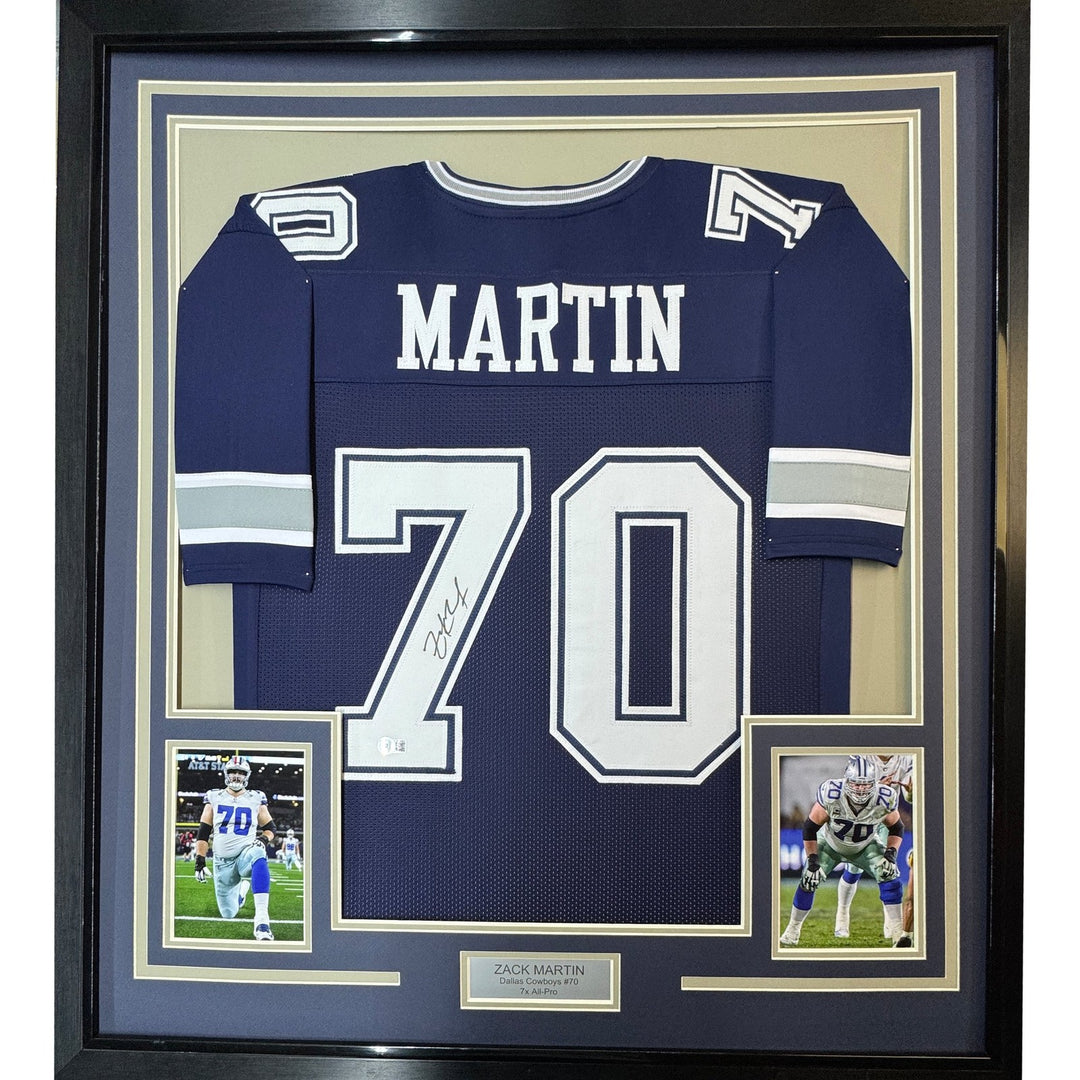 Framed Autographed/Signed Zack Martin 35x39 Dallas Blue Jersey BAS COA