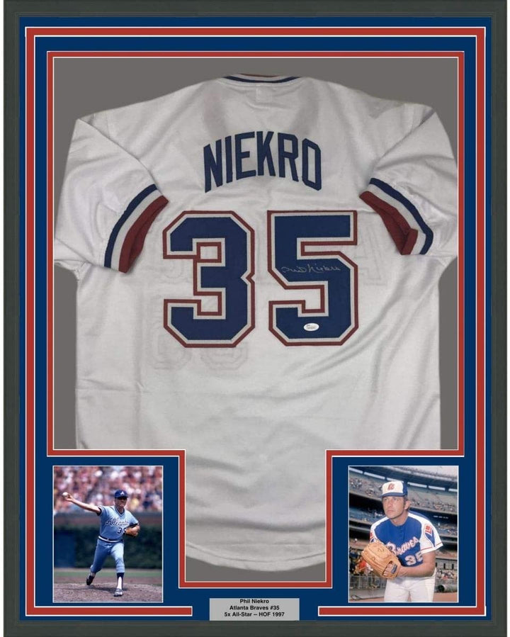 FRAMED Signed PHIL NIEKRO 35x39 Atlanta White Jersey JSA COA Auto