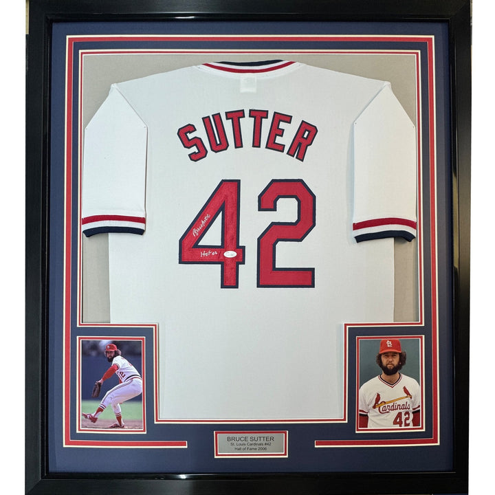 Framed Signed Bruce Sutter HOF 35x39 St. Louis White Jersey JSA COA