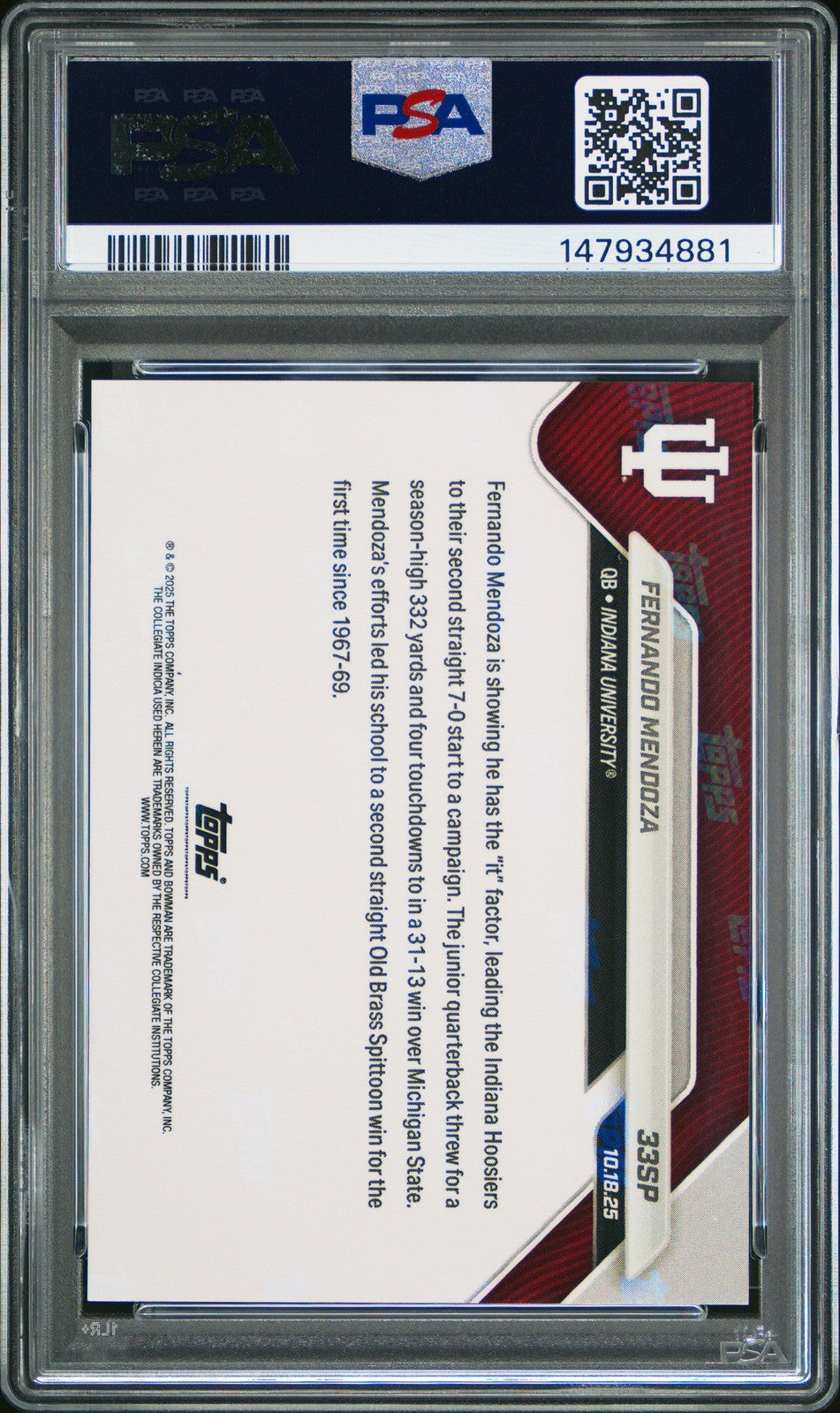 Graded 2025 Bowman U Now Fernando Mendoza #33SP Rookie RC Card PSA 9