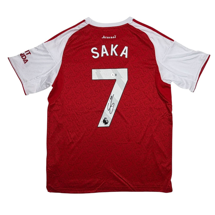 Autographed/Signed Buyako Saka Arsenal Red Soccer Futbol Jersey Beckett BAS COA