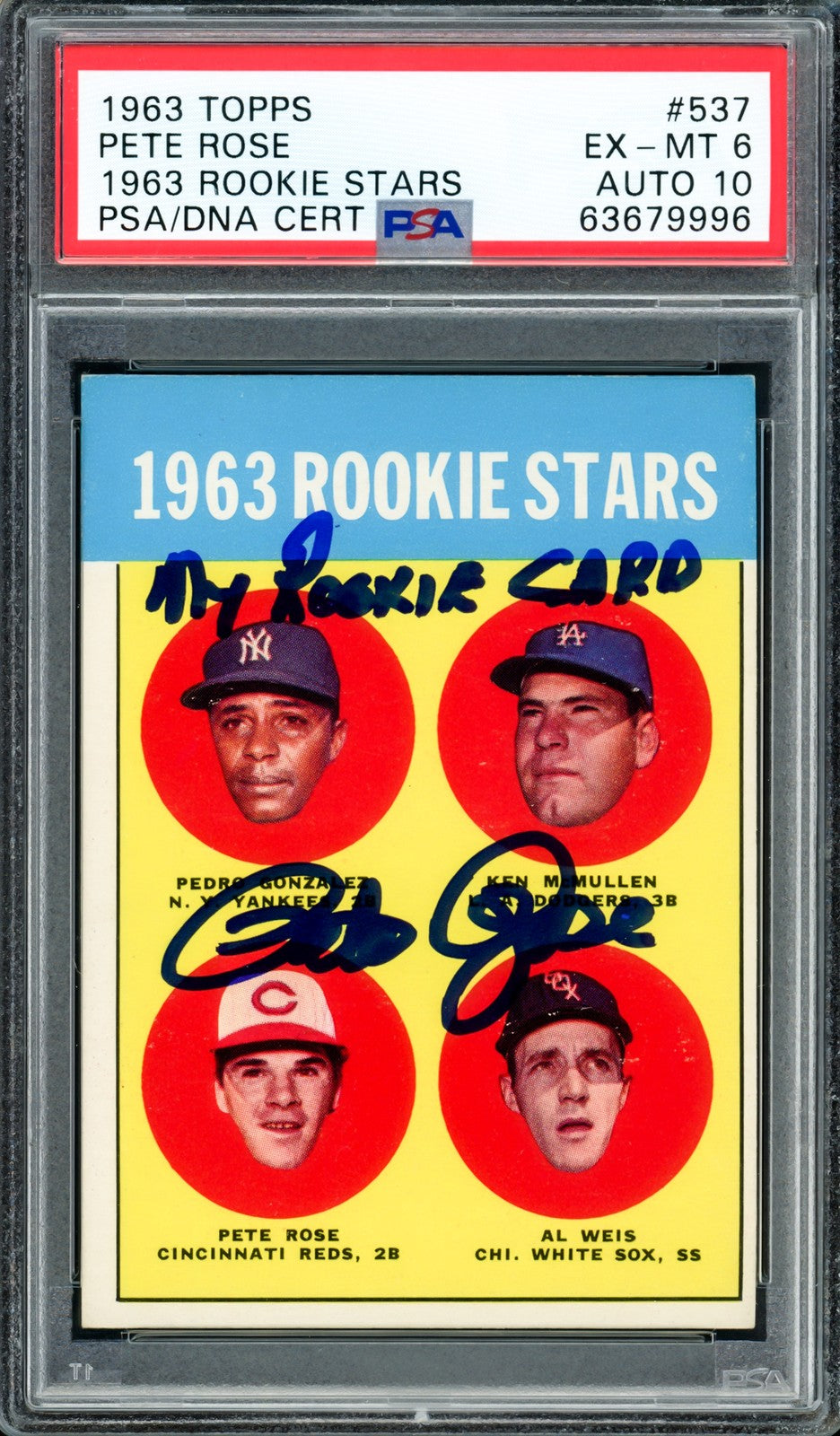 Pete Rose Auto 1963 Topps RC 537 Reds PSA 6 Auto GM 10 "My RC" PSA/DNA #63679996