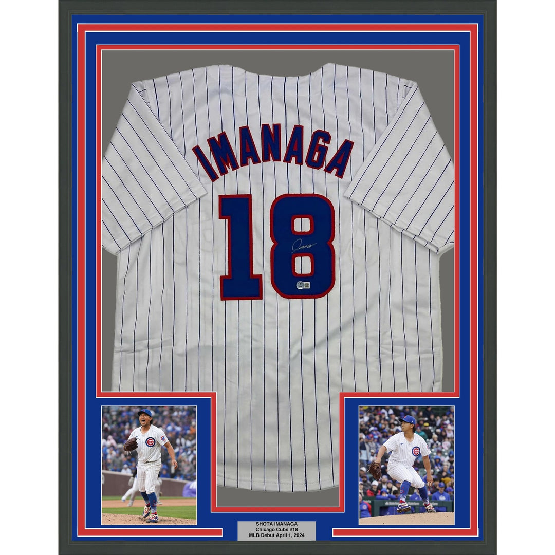 Framed Autographed/Signed Shota Imanaga 35x39 Pinstripe Jersey Beckett COA