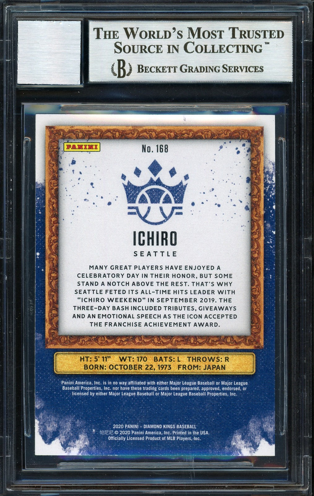 Ichiro Suzuki Auto 2020 Panini Donruss Diamond Kings Card 168 Sig 10 BAS
