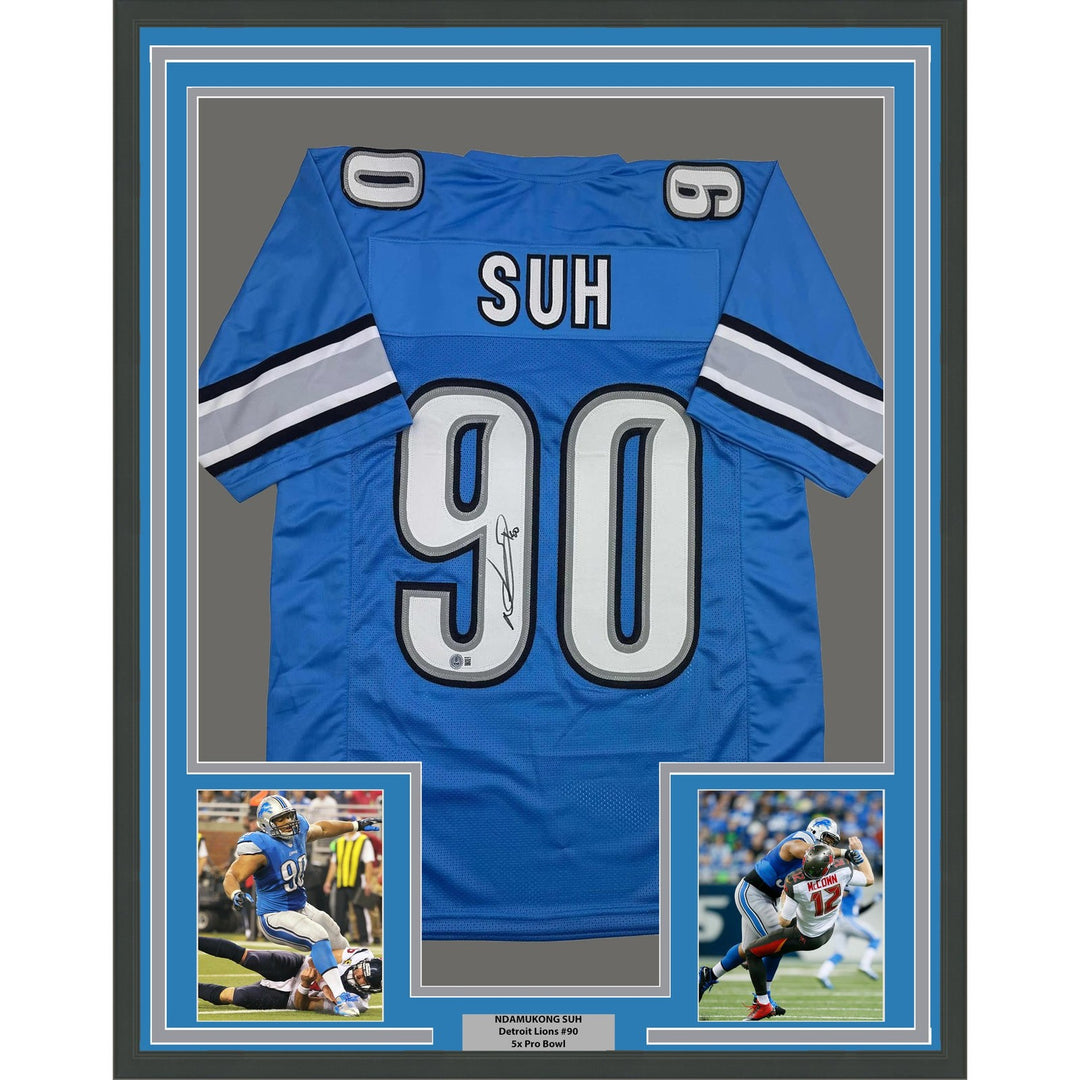Framed Autographed/Signed Ndamukong Suh 35x39 Detroit Blue Jersey BAS COA