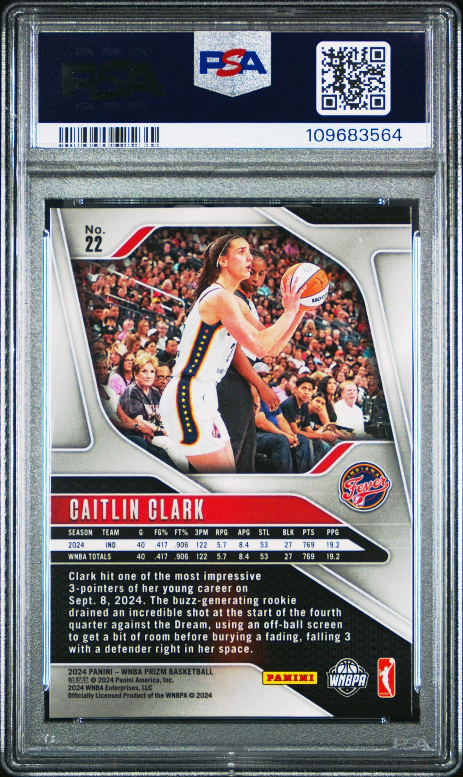 Graded 2024 Panini Prizm Caitlin Clark #22 Rookie RC Basketball Card PSA 10