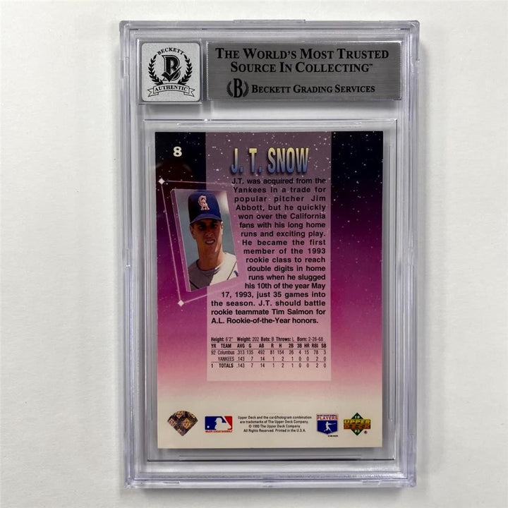 J.T. Snow signed 1993 Fun Pack #8 Rookie Card RC Angels ~ Beckett BAS 10 Auto