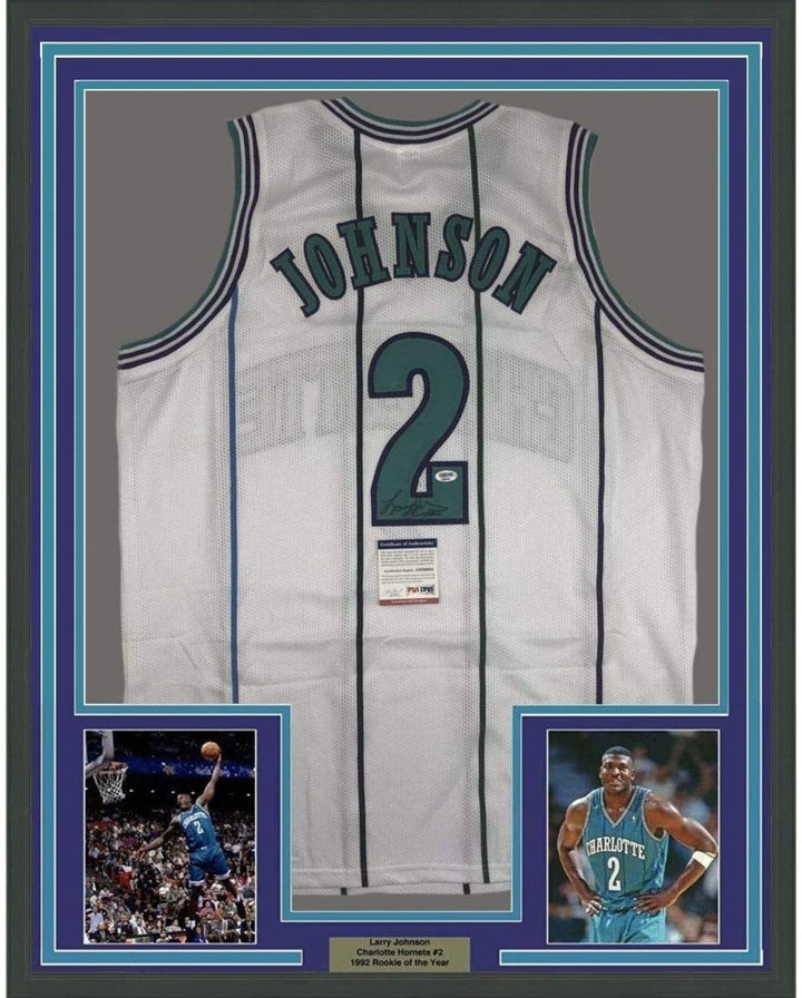 FRAMED Signed LARRY JOHNSON 35x39 Charlotte White Jersey PSA COA