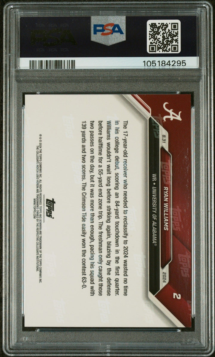 Graded 2024 Bowman U Now Ryan Williams #2 Purple /25 Card PSA 10 Auto