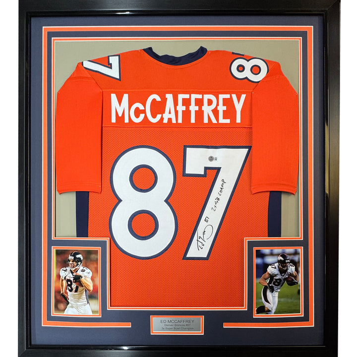 Framed Autographed/Signed Ed McCaffrey 35x39 2x SB Champs Orange Jersey BAS COA