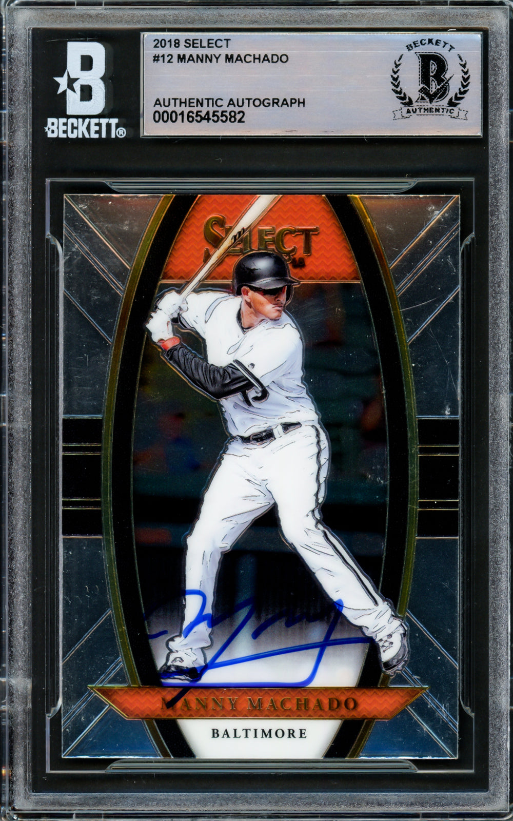 Manny Machado Autographed 2016 Panini Select Card #12 Orioles Beckett #16545582