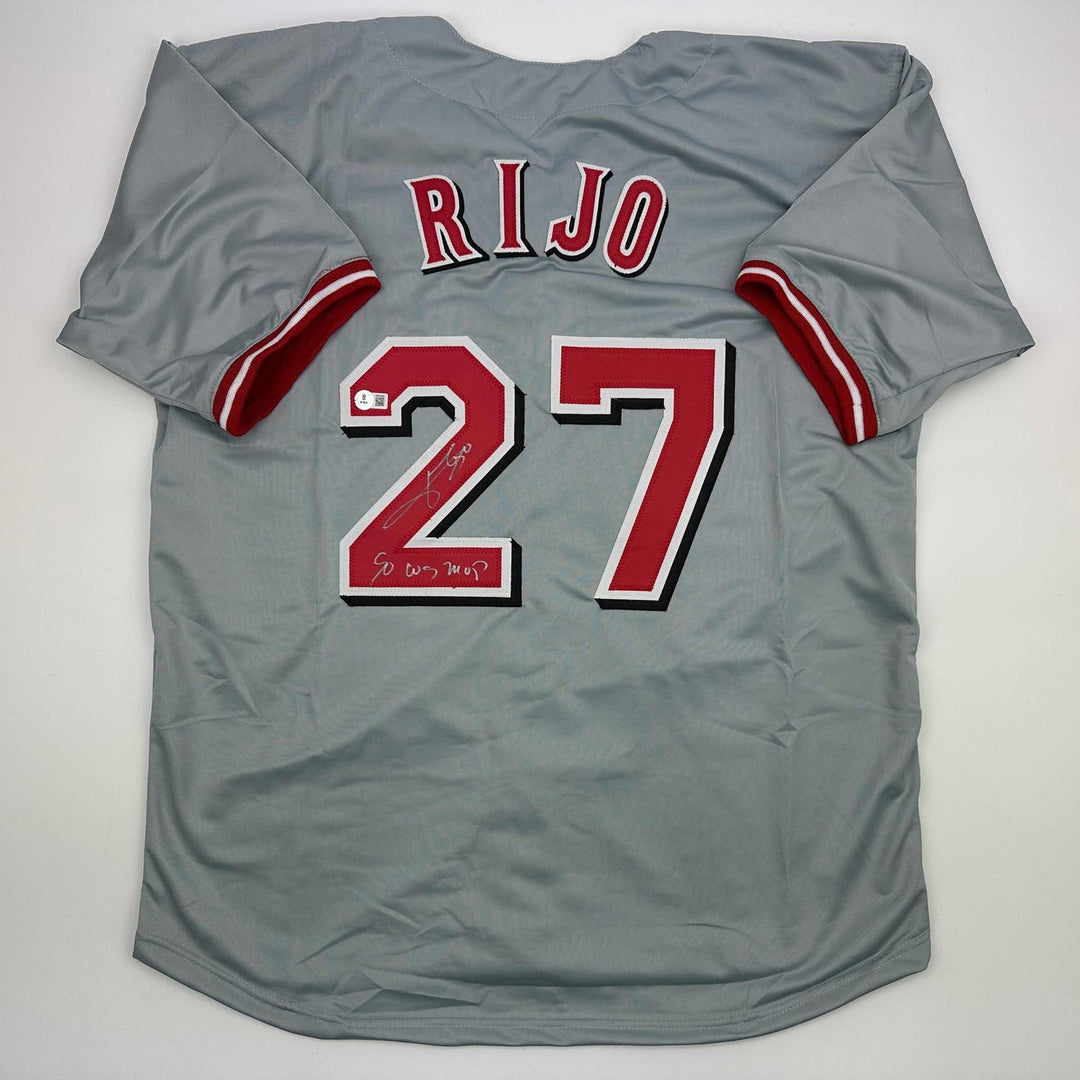 Autographed/Signed Jose Rijo 90 WS MVP Cincinnati Grey Jersey Beckett COA