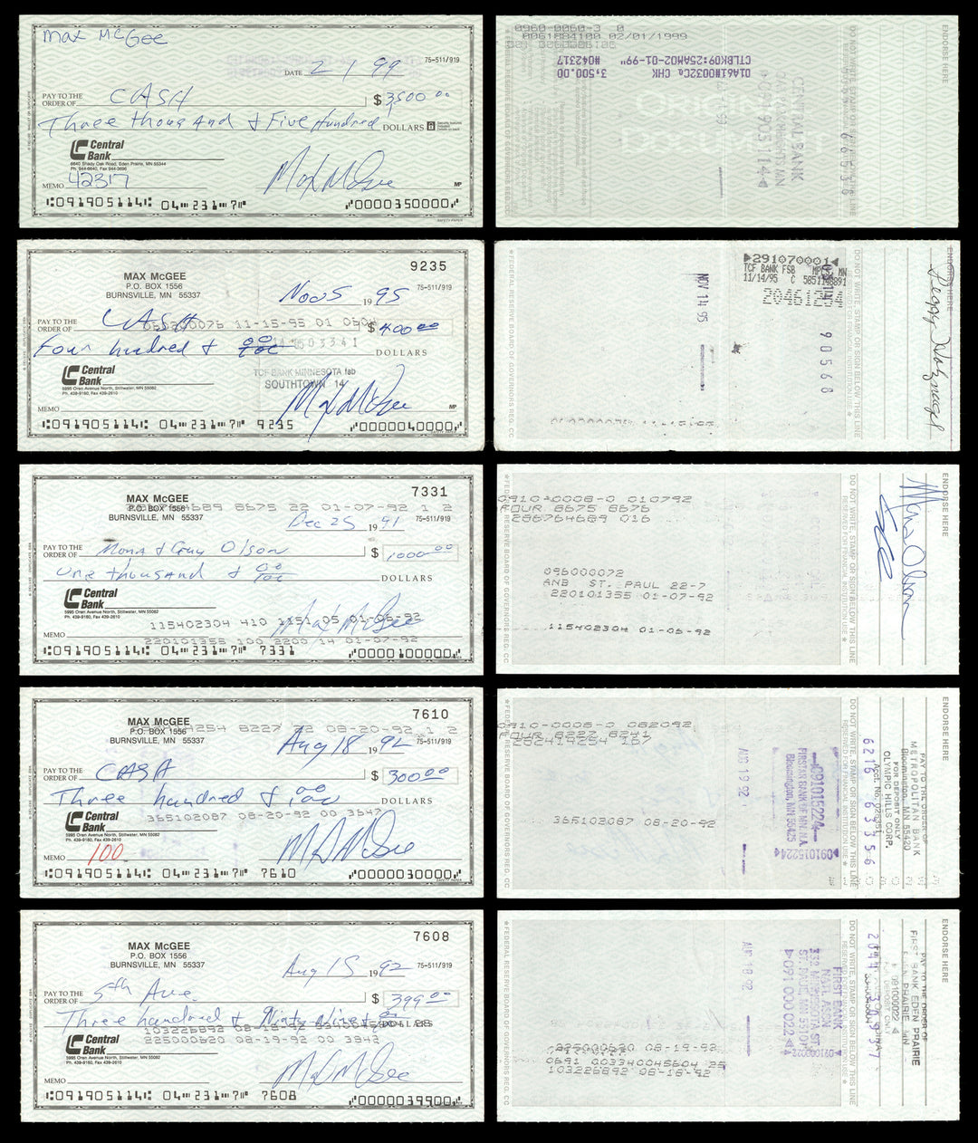 Max McGee Autographed Signed 2.75x6 Check Lot of 50 Green Bay Packers 174046