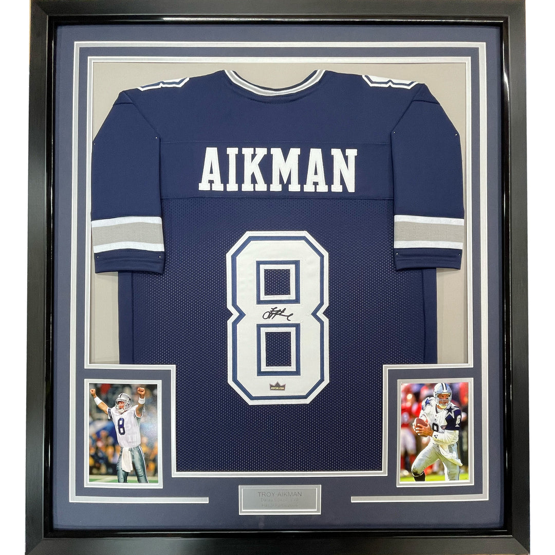 Framed Facsimile Autographed Troy Aikman 33x42 Blue Reprint Laser Auto Jersey