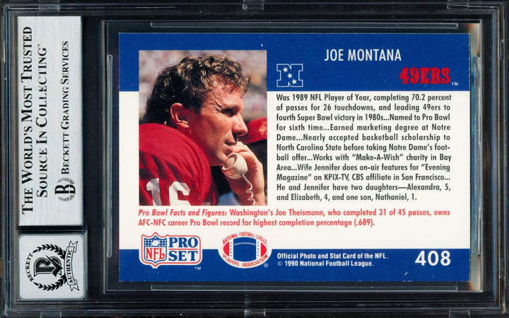 Joe Montana 1990 Pro Set #408 San Francisco Signed Trading Card Beckett BAS