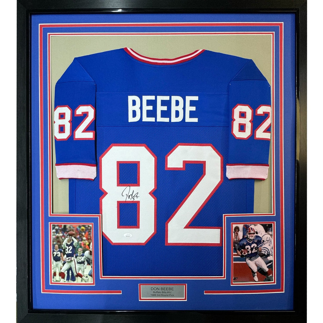 Framed Autographed/Signed Don Beebe 35x39 Buffalo Blue Jersey JSA COA