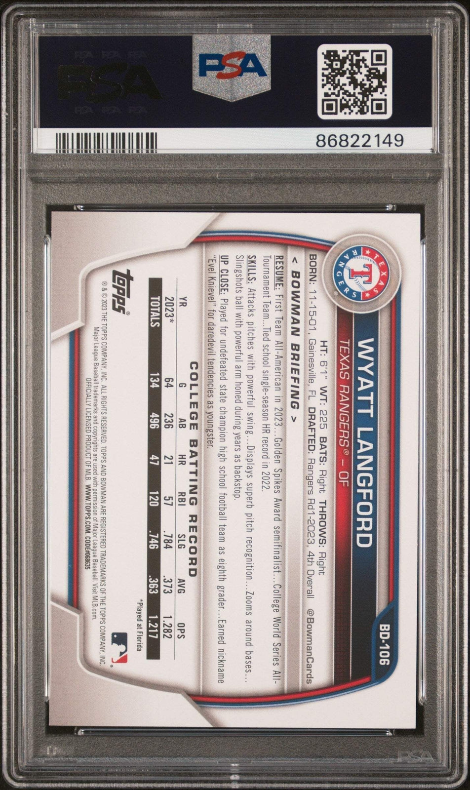 Graded 2023 Topps Bowman Draft Wyatt Langford #BD106 Rookie Baseball Card PSA 10