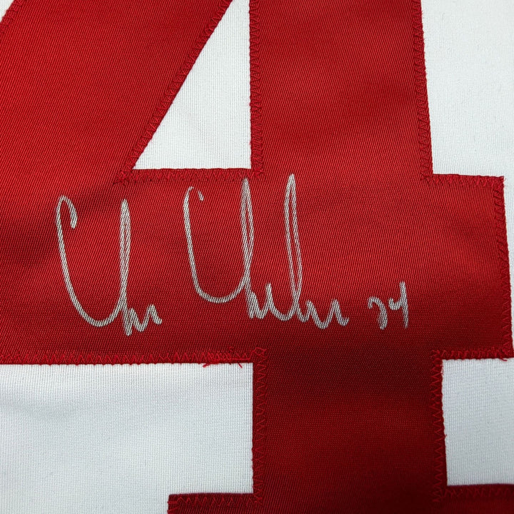 Autographed/Signed Chris Chelios Detroit White Hockey Jersey Beckett COA