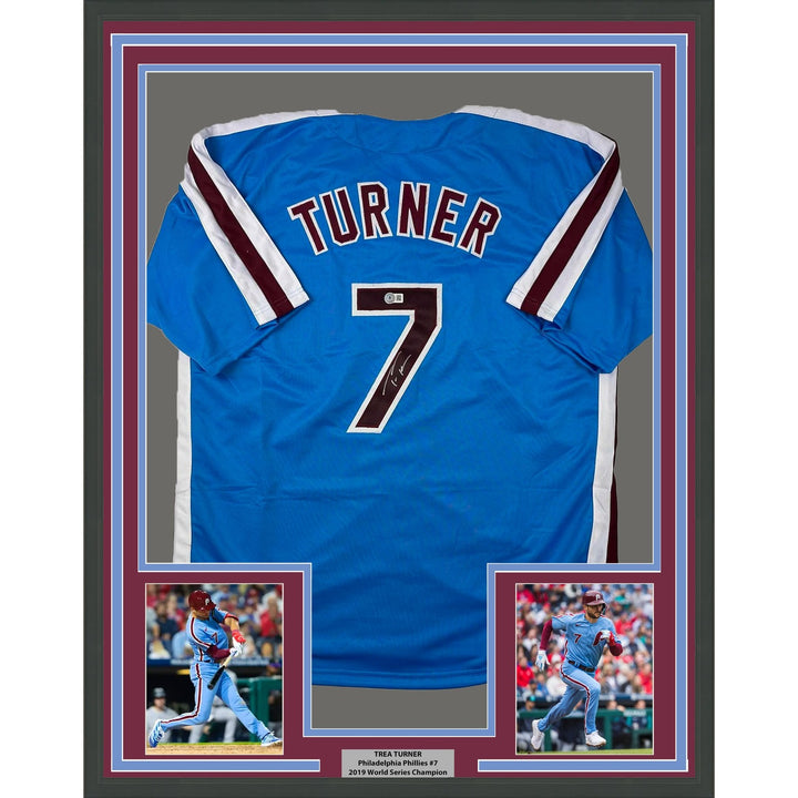 Framed Autographed/Signed Trea Turner 33x42 Blue Retro Jersey Beckett COA