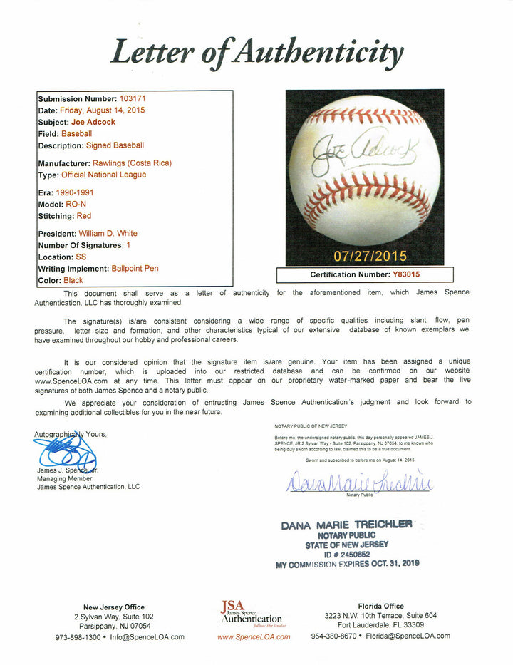 Joe Adcock SINGLE Signed National League Baseball Braves JSA Loa Autograph RARE
