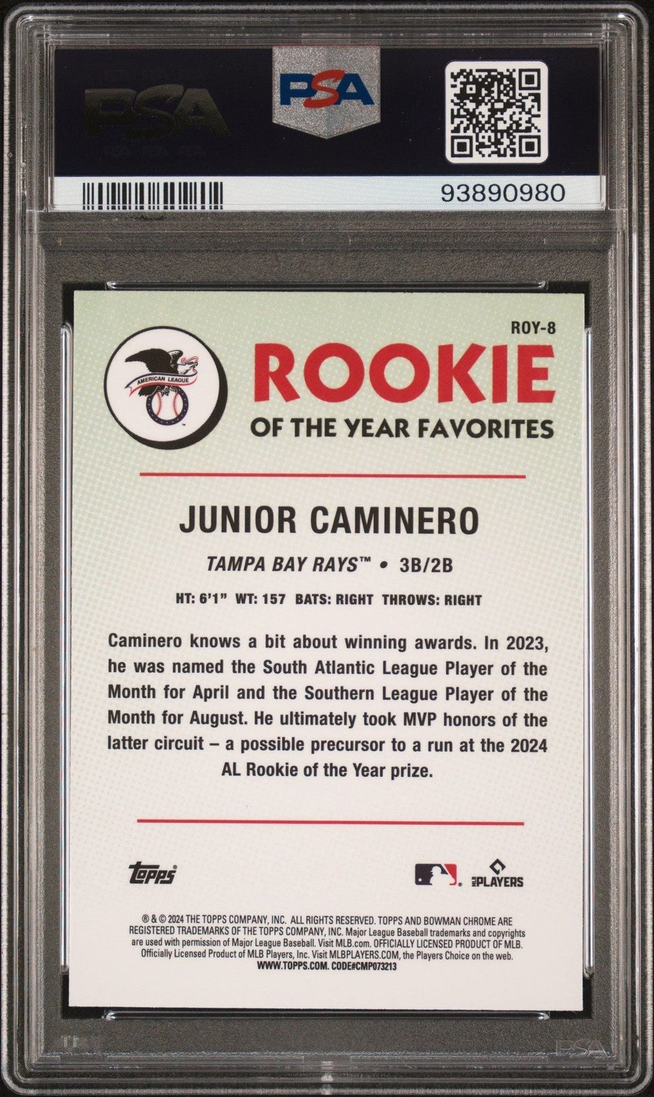 Graded 2024 Bowman Chrome Junior Caminero #ROY8 Rookie ROY Fave Card PSA 10