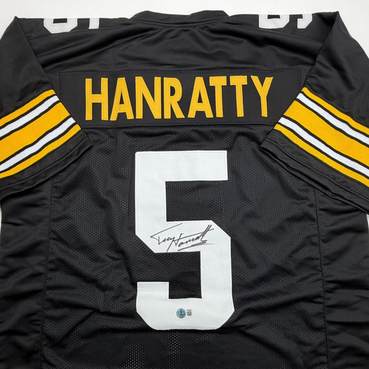 Autographed/Signed Terry Hanratty Pittsburgh Black Jersey Beckett BAS COA
